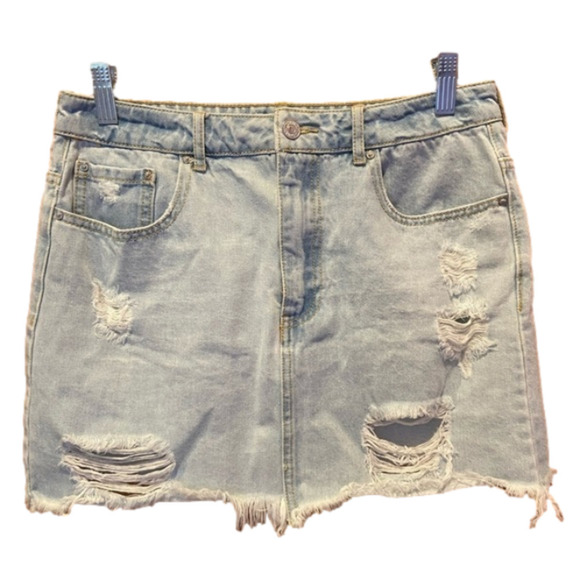 Distressed Light Wash Denim Mini Skirt - Picture 1 of 3